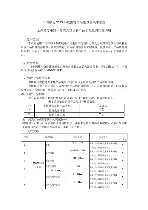 中国移动无源光分路器和光放大器设备产品质量检测实施细则