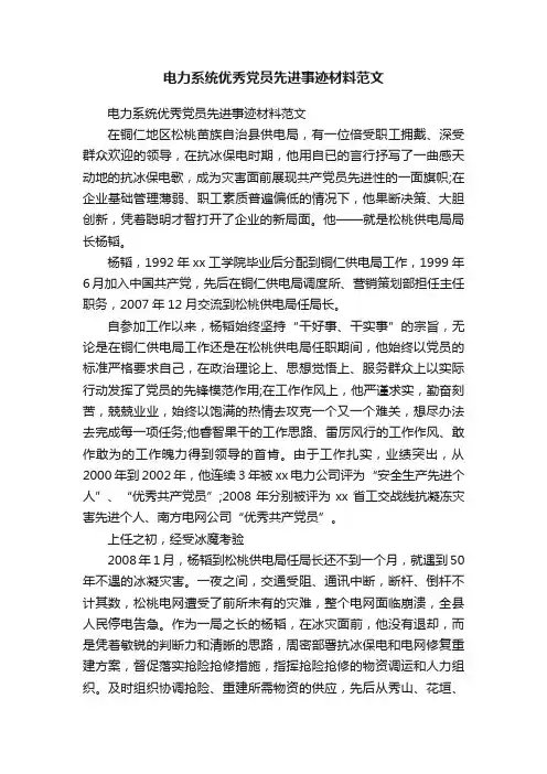 电力系统优秀党员先进事迹材料范文