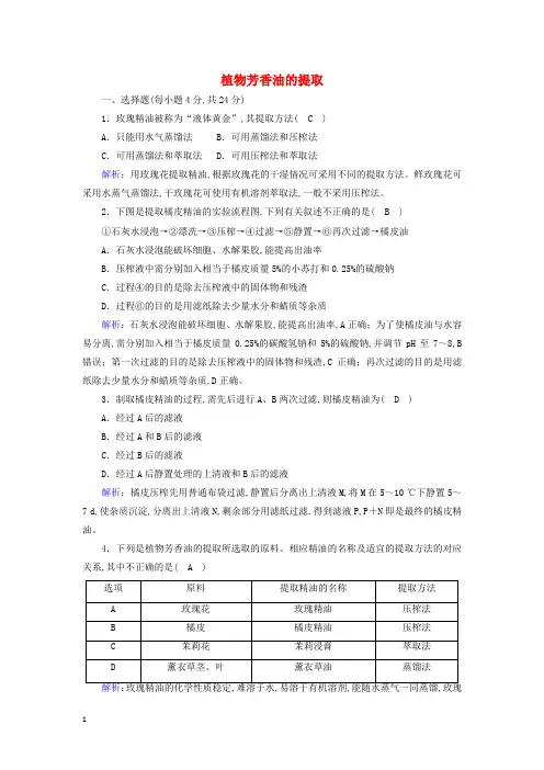 高中生物专题6植物有效成分的提取1植物芳香油的提任后检测含解析新人教版选修