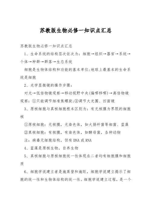 苏教版生物必修一知识点汇总