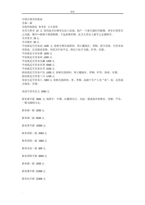 中国古钱币价格表(最全)