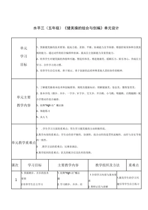 水平三五年级体育《韵律操——健美操的组合与创编》教学设计及教案附单元教学计划