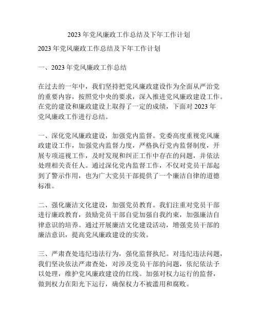 2023年党风廉政工作总结及下年工作计划