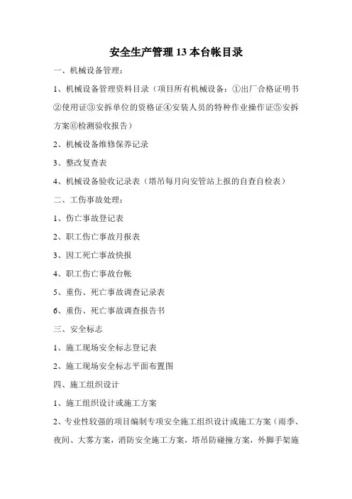安全生产管理13本台帐目录