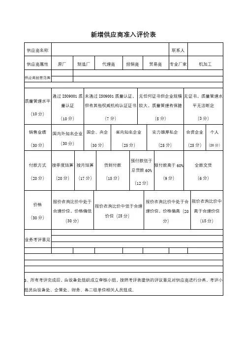 新增供应商准入评价表