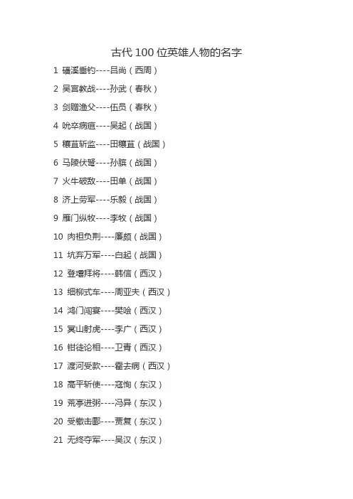 古代100位英雄人物的名字