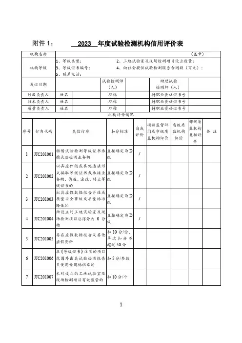 年度试验检测机构信用评价表