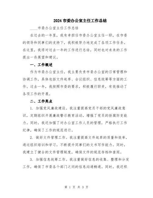 2024市委办公室主任工作总结