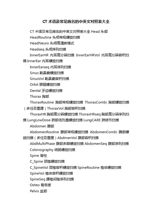 CT术语及常见病名的中英文对照表大全
