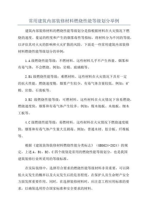 常用建筑内部装修材料燃烧性能等级划分举例