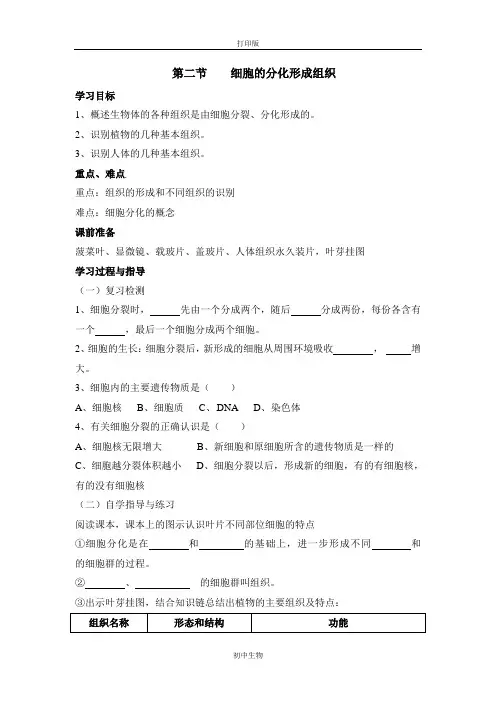 冀少版生物-七年级上册-细胞分化形成组织》导学案