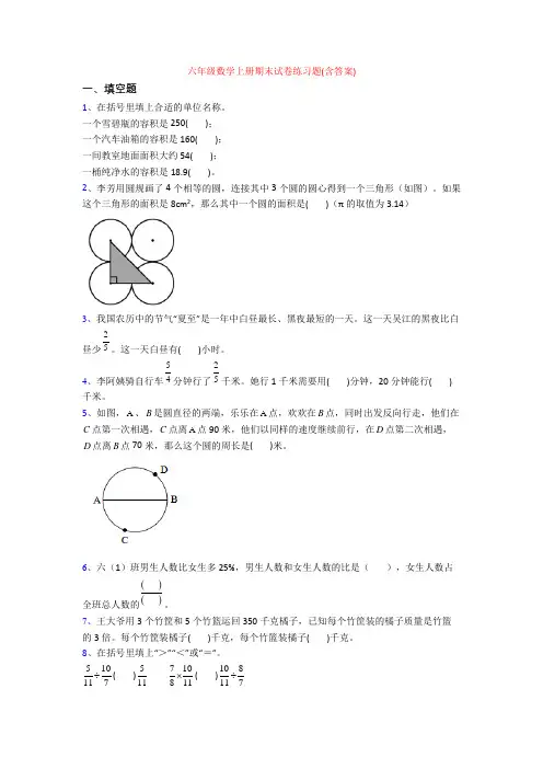 六年级数学上册期末试卷练习题(含答案)