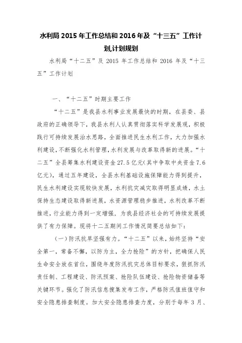 水利局2015年工作总结和2016年及“十三五”工作计划,计划规划【精品范文】