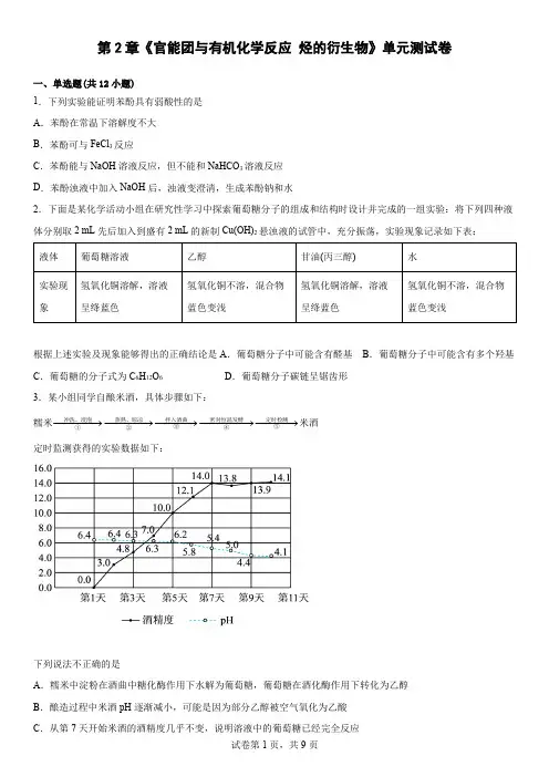 第2章《官能团与有机化学反应烃的衍生物》单元测试卷--高二下学期化学鲁科版(2019)选择性必修3