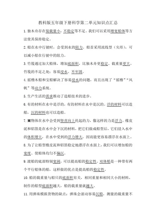 教科版五年级下册科学第二单元知识点汇总