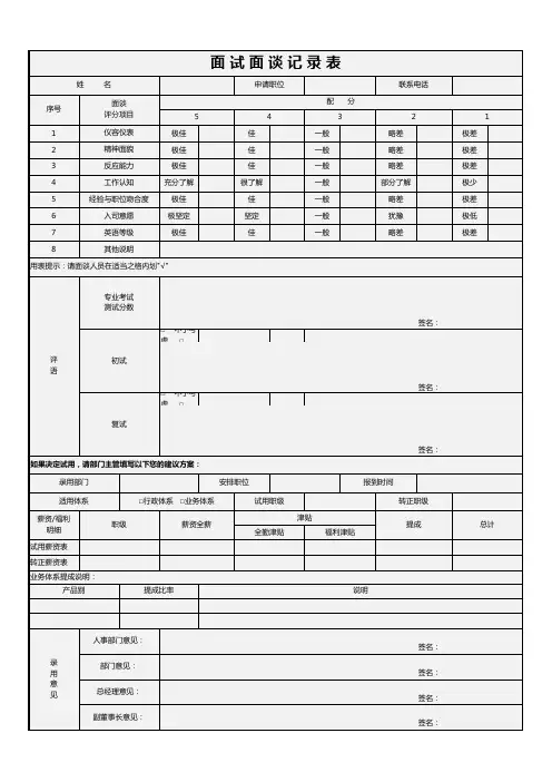 面试面谈记录表Excel模版