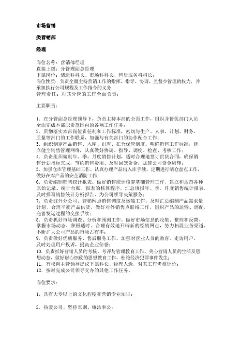 职务分析样本——市场营销类