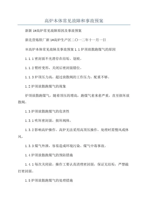 高炉本体常见故障和事故预案