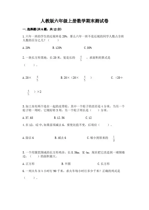 人教版六年级上册数学期末测试卷及答案【历年真题】