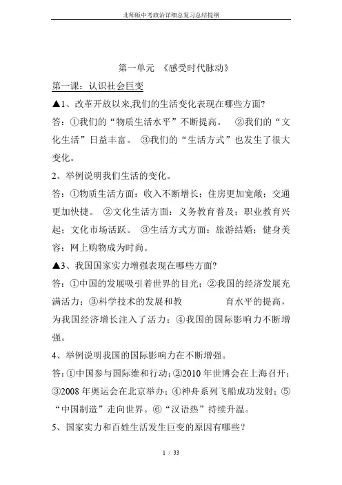 北师版中考政治详细总复习总结提纲