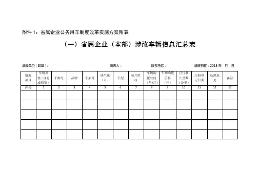 属企业公务用车制度改革实施方案附表