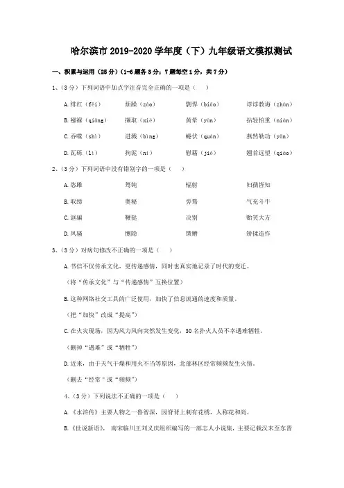 黑龙江省哈尔滨市2020年中考语文综合模拟测试