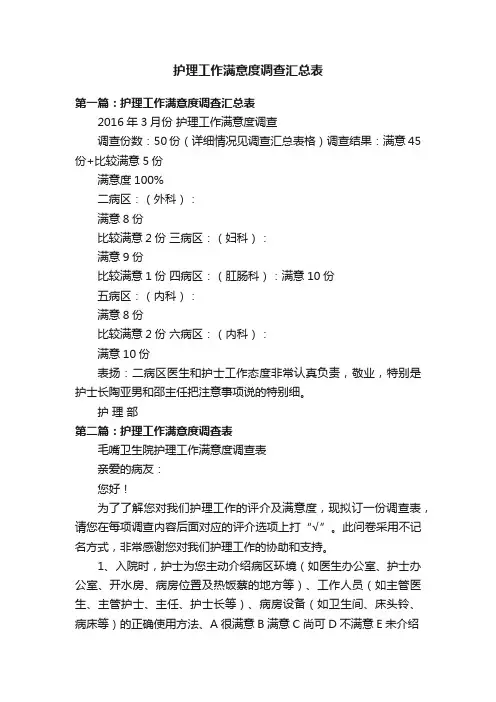 护理工作满意度调查汇总表