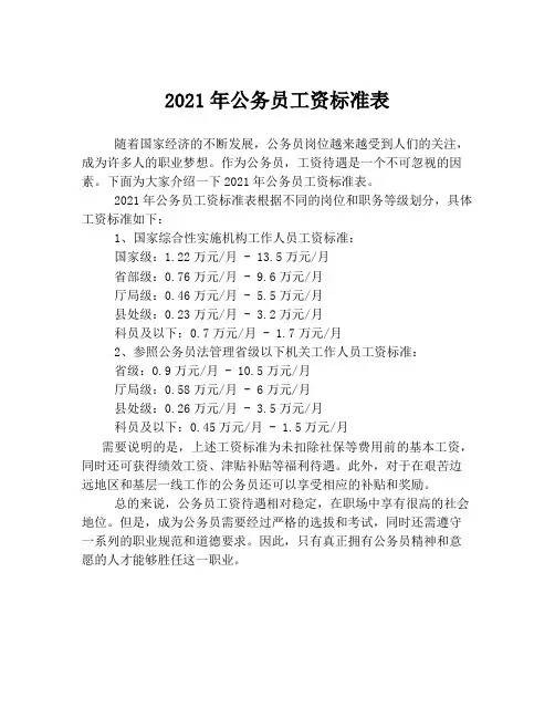 2021年公务员工资标准表