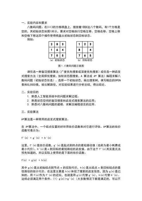 数码问题C语言A星算法详细实验报告含代码