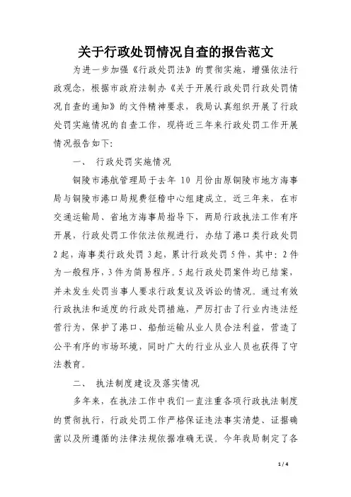 关于行政处罚情况自查的报告范文（精选）