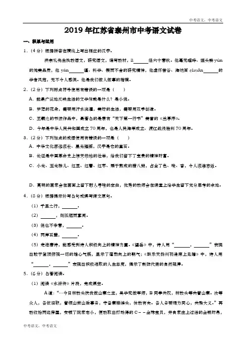 072—2019年江苏省泰州市中考语文试题(word版,含解析)