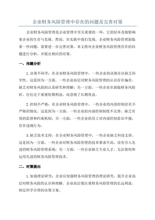 企业财务风险管理中存在的问题及完善对策