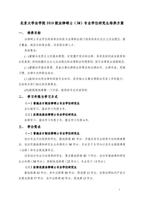 北京大学法学院 2010 级法律硕士(JM)专业学位研究生培养方案