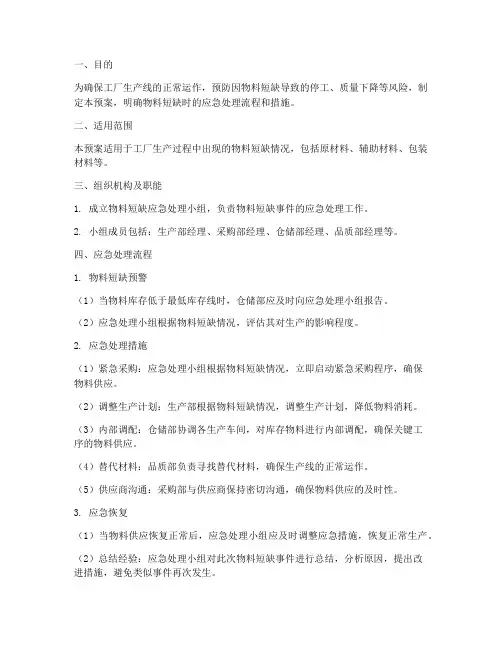 工厂物料短缺应急预案模板