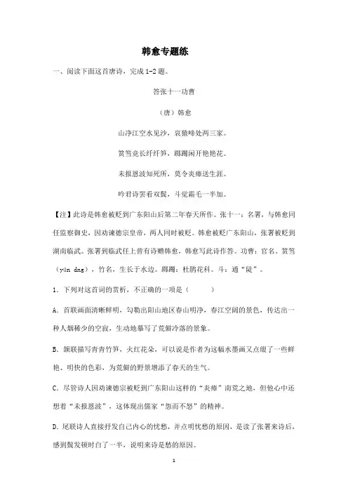 高考语文一轮古诗词专题复习：韩愈专题练