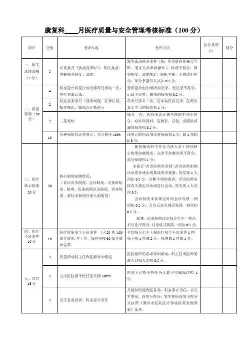 康复科医疗质量与安全管理考核细则