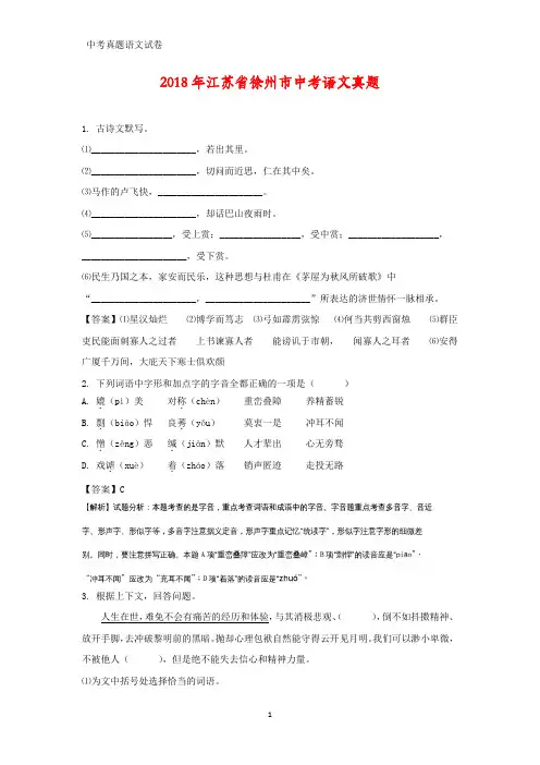 2018年江苏省徐州市中考真题语文试题(答案+解析)
