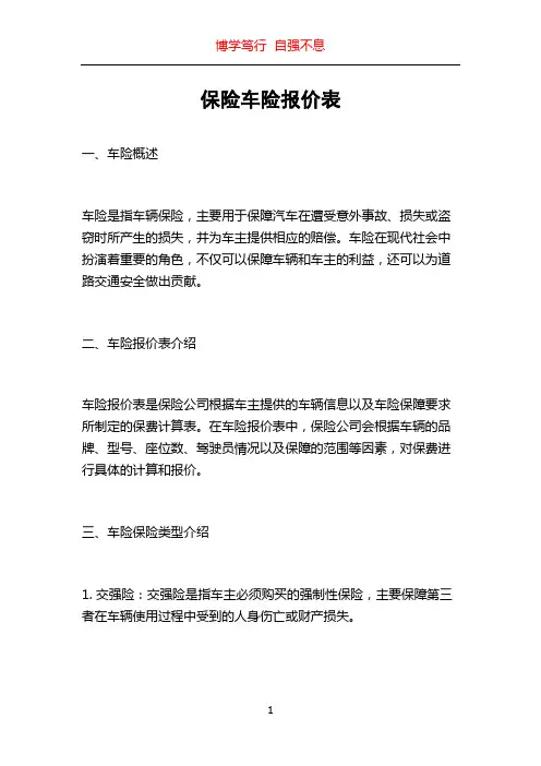 保险车险报价表