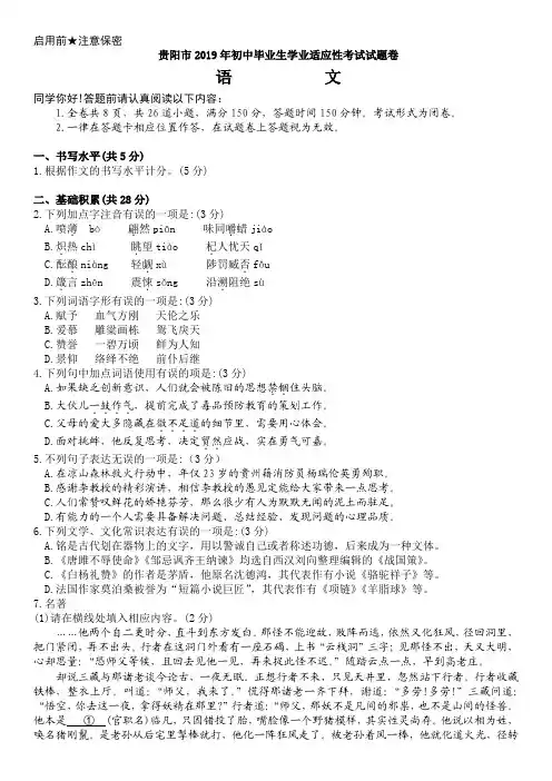 2019年贵阳市语文适应考试试卷
