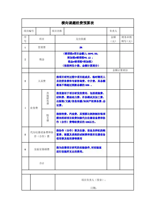 大学横向课题经费预算表