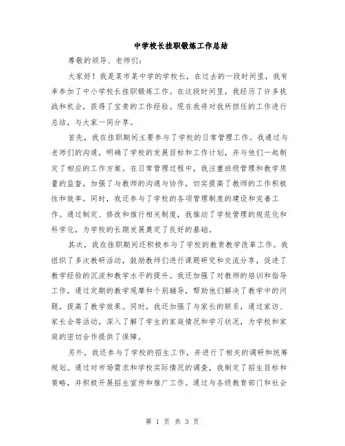 中学校长挂职锻炼工作总结