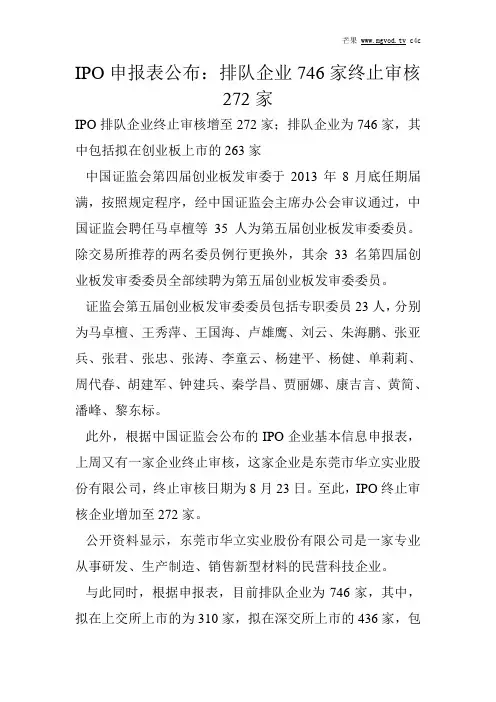 IPO申报表公布：排队企业746家终止审核272家