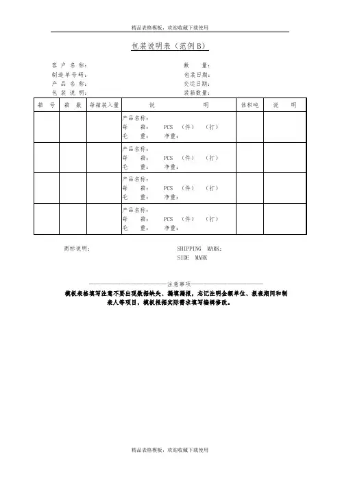 包装说明表范例B模板