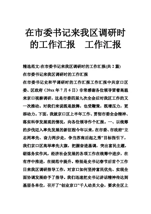 在市委书记来我区调研时的工作汇报  工作汇报