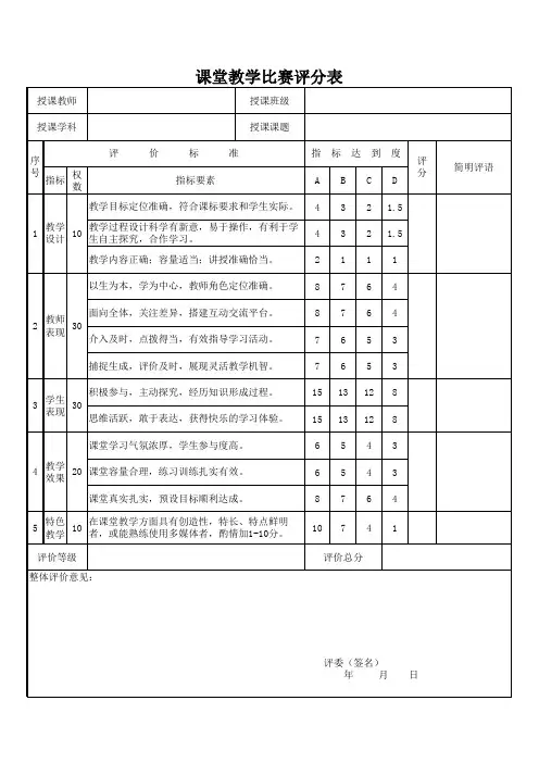 课堂教学比赛评分表