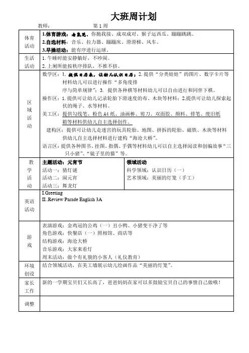 幼儿园大班周计划第1周
