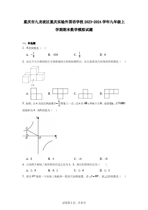 重庆市九龙坡区重庆实验外国语学校2023-2024学年九年级上学期期末数学模拟试题