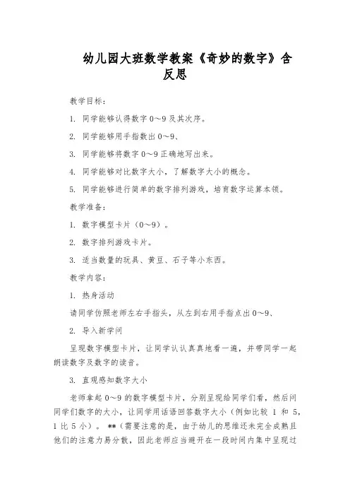幼儿园大班数学教案《奇妙的数字》含反思