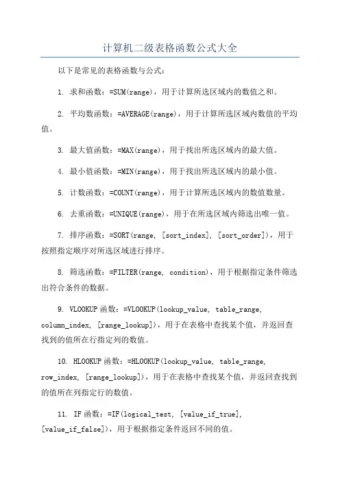 计算机二级表格函数公式大全