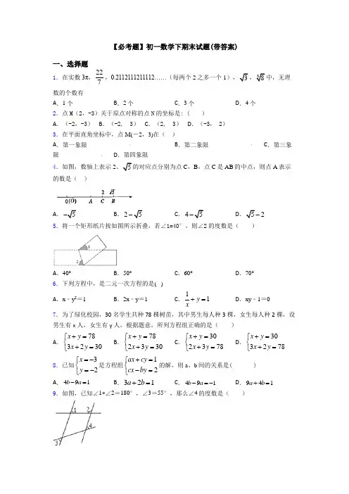 【必考题】初一数学下期末试题(带答案)